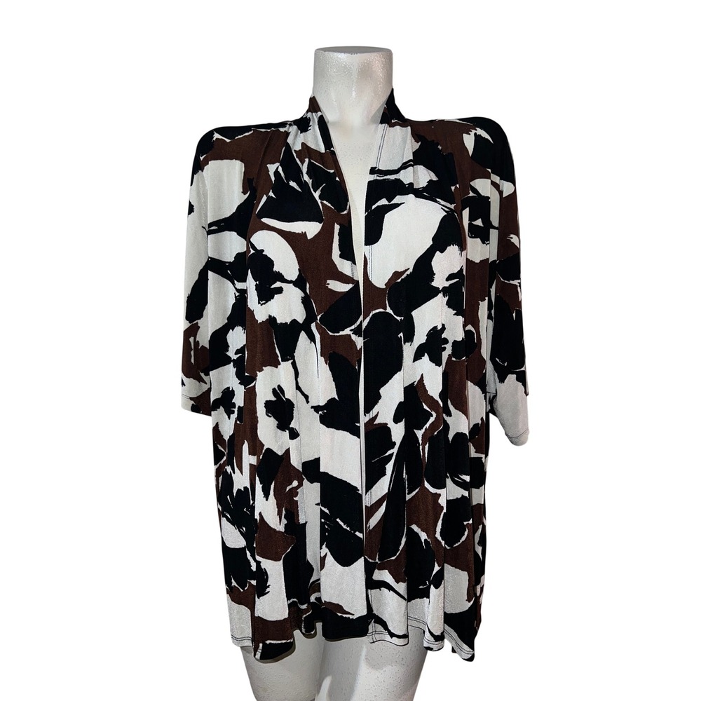 Coldwater Creek Womens 1X Brown Black Abstract Floral Open Front Cardigan USA